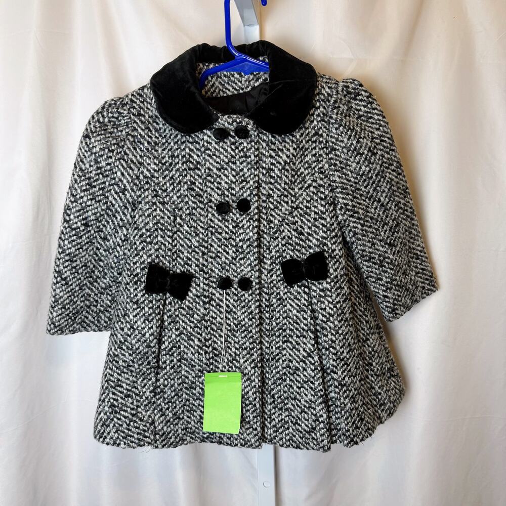 Girls' Black & White Herringbone Coat with Velvet Trim
